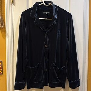LAUREN..RALPH LAUREN DARK BLUE VELVET SHACKET/SHIRT LONG SLEEVE 
BUTTON DOWN
